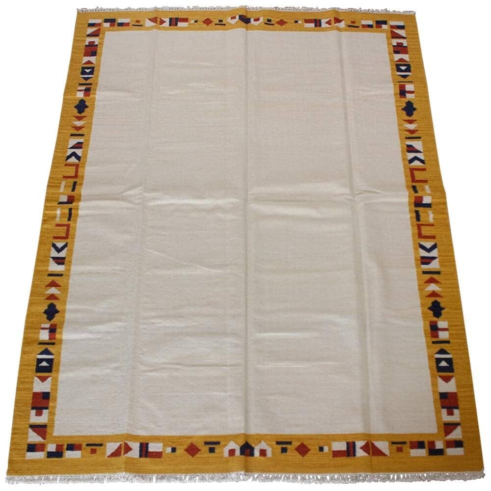 Tapete Indiano Kilim Feito à Mão Lã Moldurado Branco Amarelo 2,53 x 3,58m